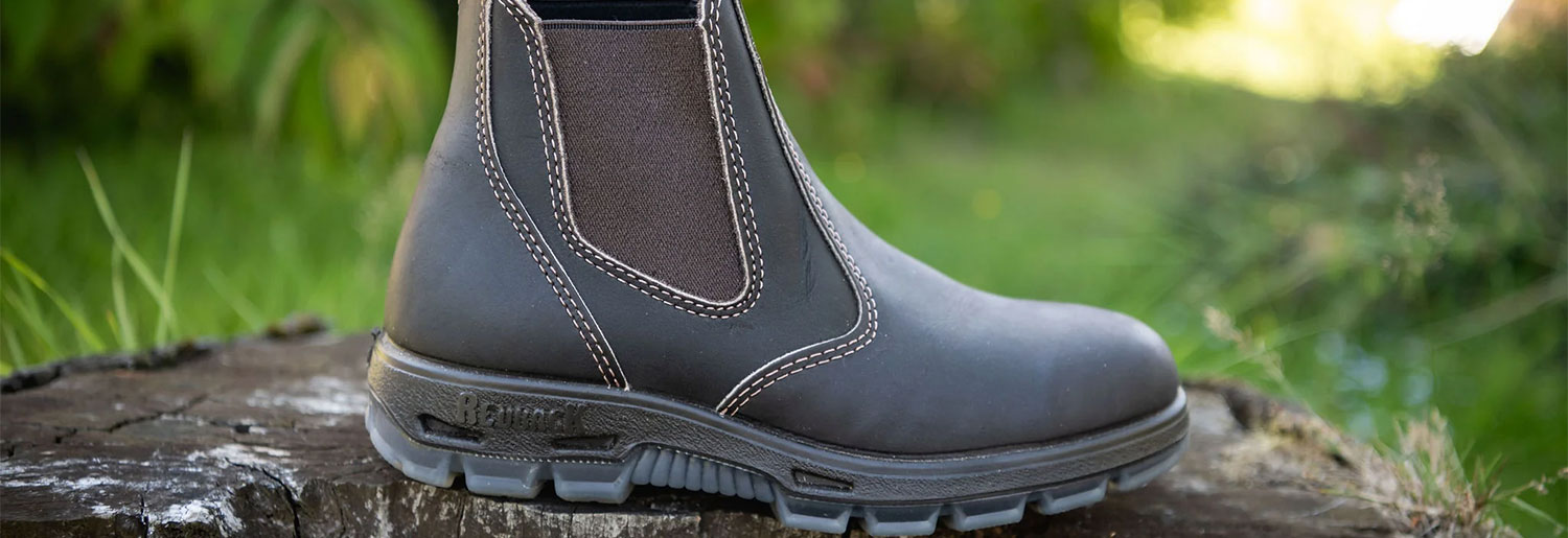 Close-up of leather work boots