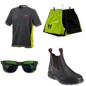 Summer Drivers Kit with t-shirt, Hexby shorts, sunglasses and work boots